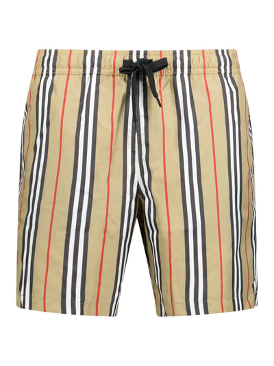 Burberry – Badeshorts mit gestreiftem Karomuster in Beige