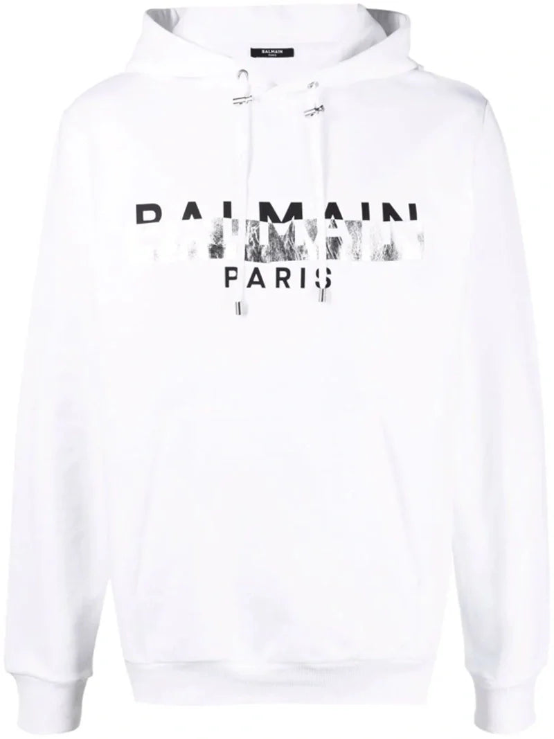 Balmain – Kapuzenpullover mit Folienband-Logoprint in Weiß