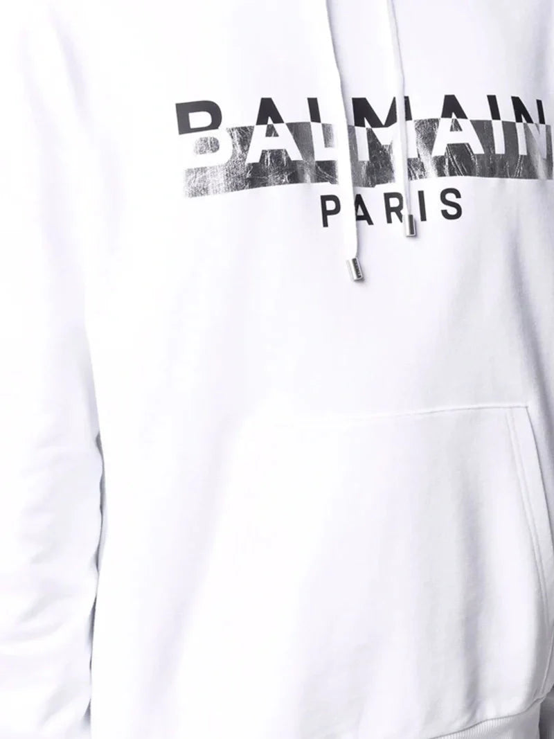Balmain – Kapuzenpullover mit Folienband-Logoprint in Weiß