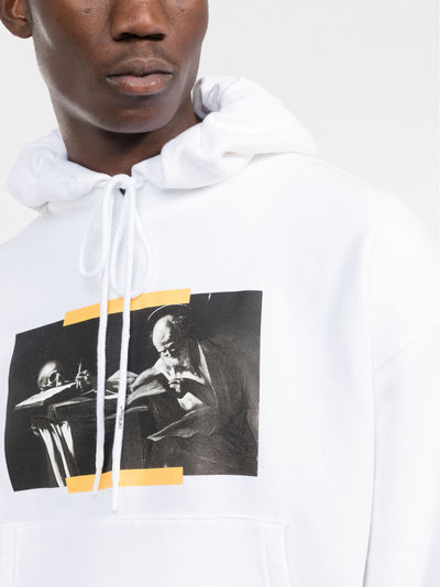 Off-White – Weißer Kapuzenpullover mit Caravaggio-Gemälde und Dia-Streifen-Print