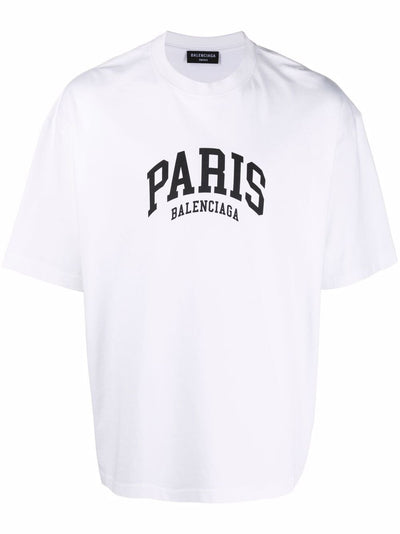 Balenciaga Paris Logo Baumwoll-T-Shirt Weiß 