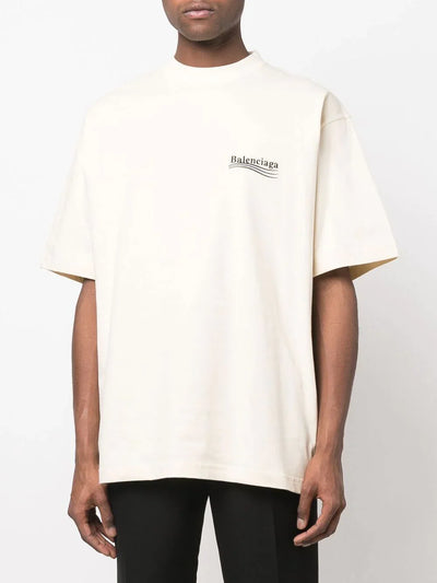 Balenciaga Political Campaign – T-Shirt mit blau gestreiftem Logo in Weiß