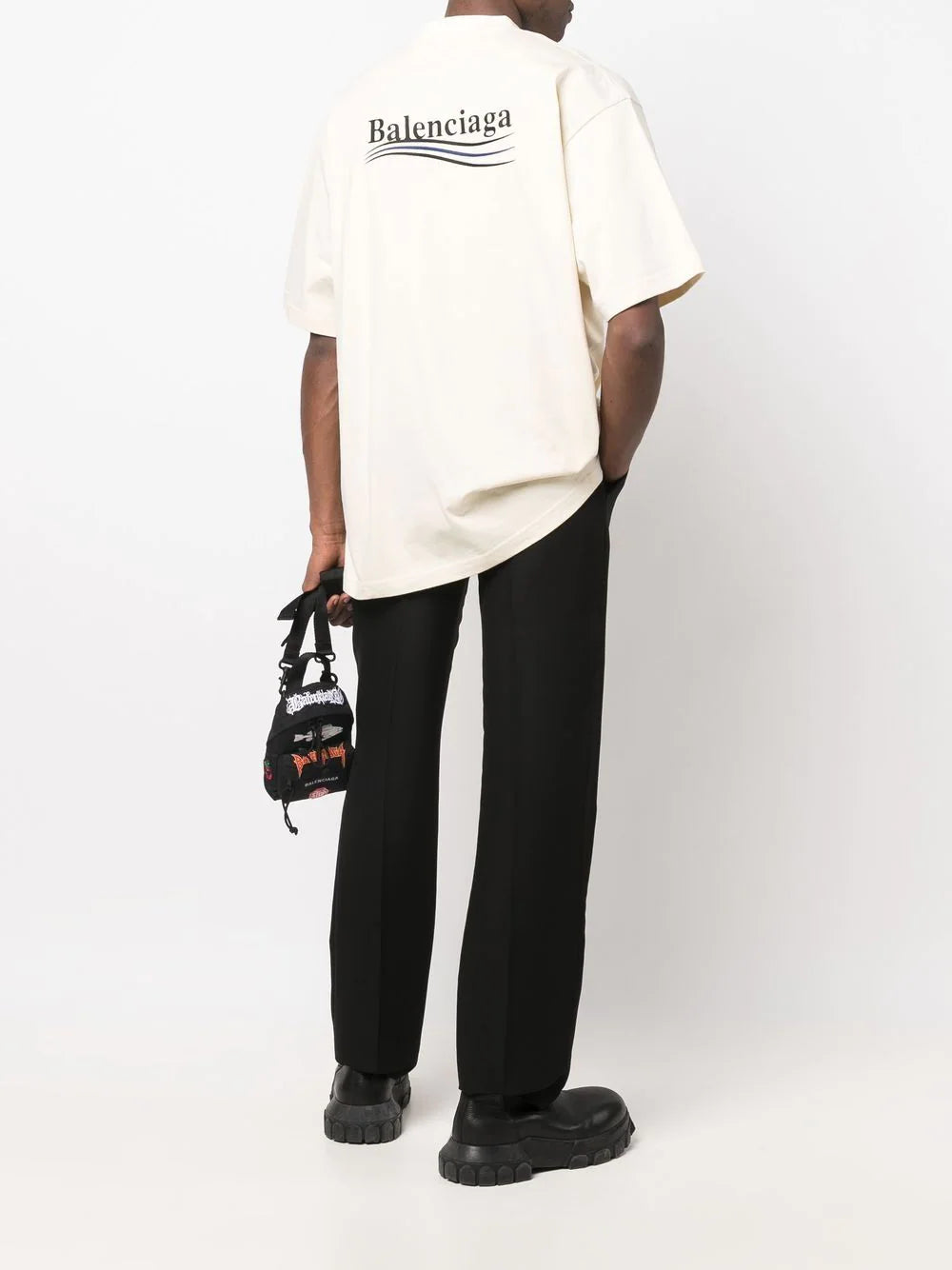 Balenciaga Political Campaign – T-Shirt mit blau gestreiftem Logo in Weiß