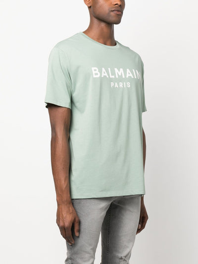 Balmain Paris – T-Shirt mit Logo-Print in Aquagrün