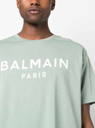 Balmain Paris – T-Shirt mit Logo-Print in Aquagrün
