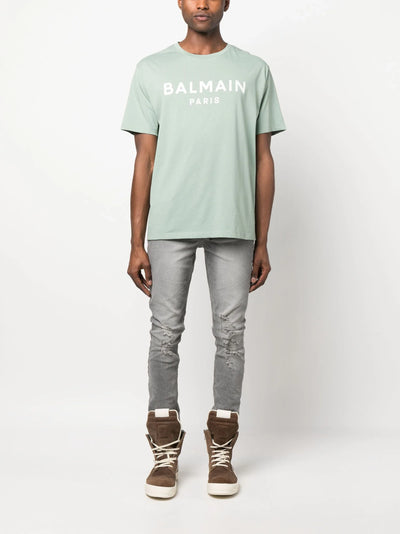 Balmain Paris – T-Shirt mit Logo-Print in Aquagrün