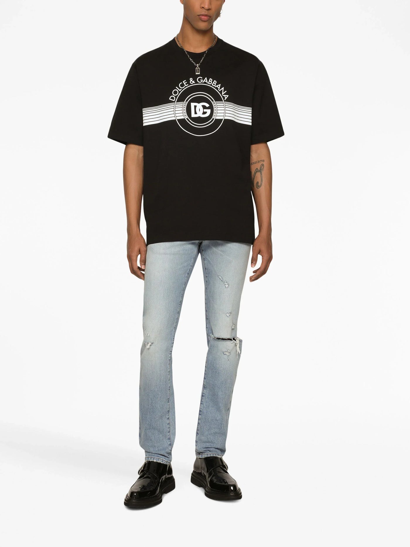 Dolce &amp; Gabbana – Schwarzes T-Shirt mit Interlock-DG-Logoprint