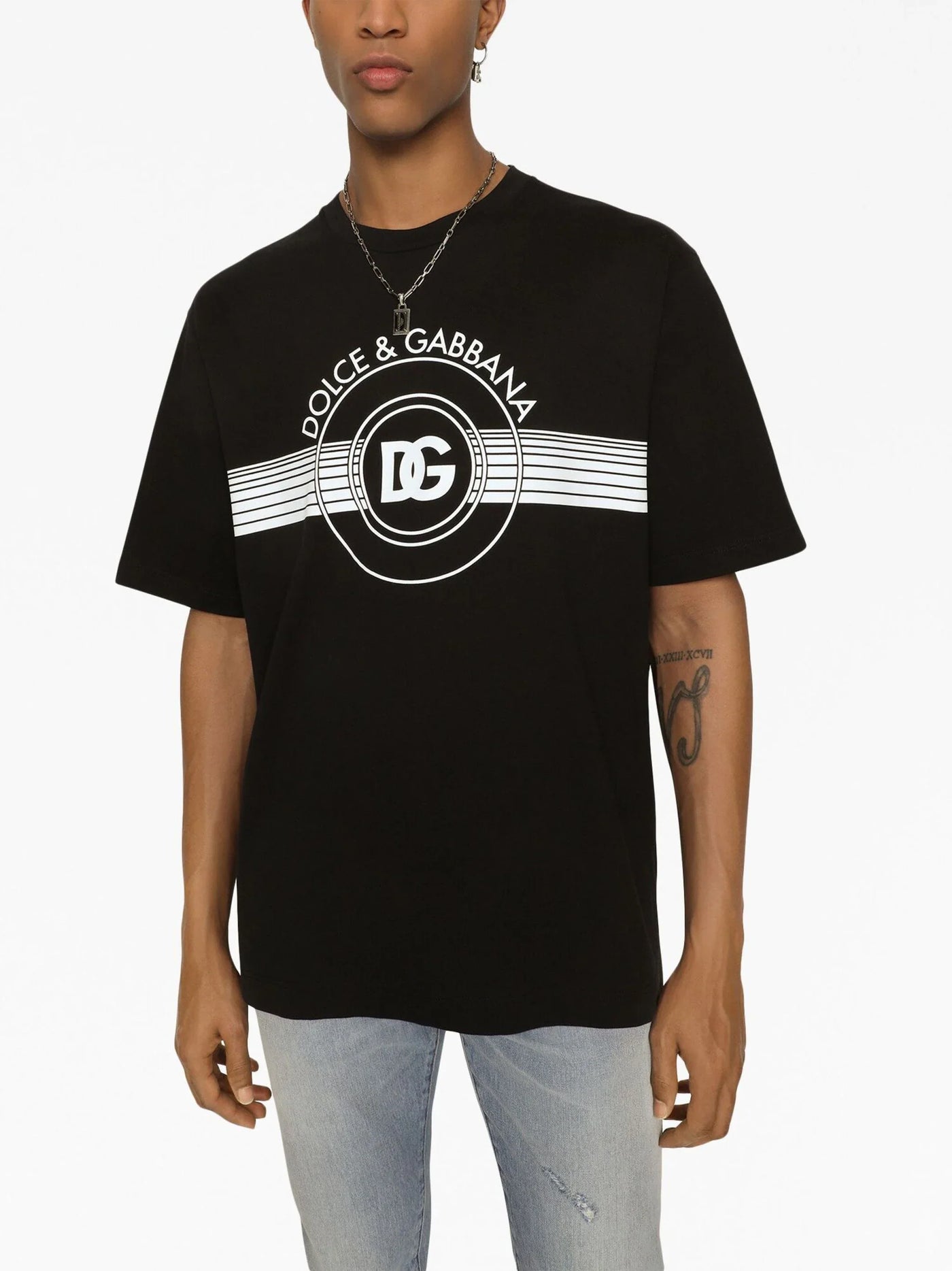 Dolce &amp; Gabbana – Schwarzes T-Shirt mit Interlock-DG-Logoprint