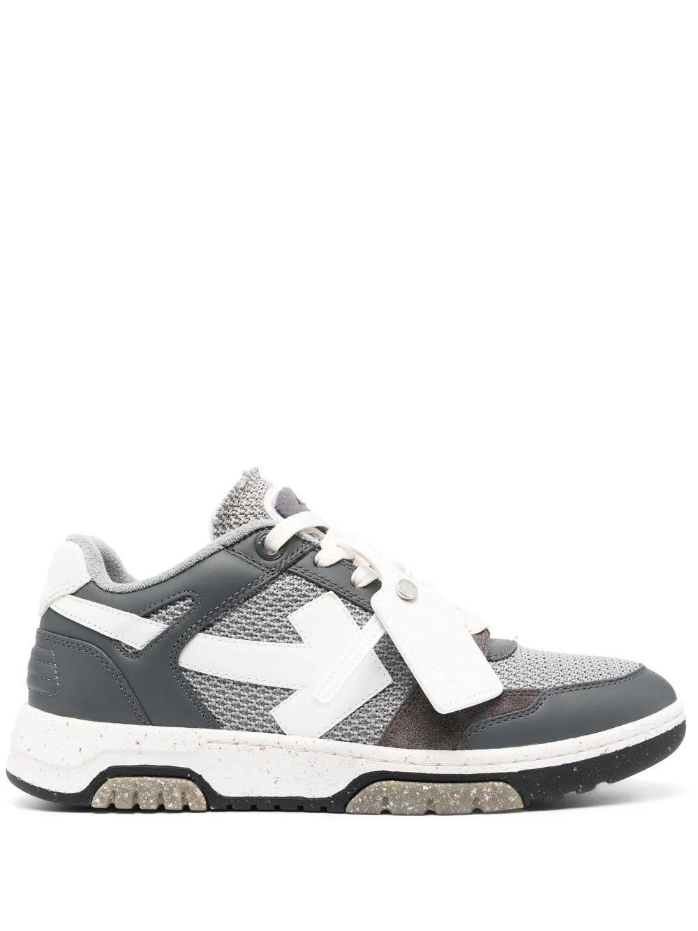 Off-White – Out of Office – Niedrige, schmale Sneaker aus Leder und Mesh in Grau