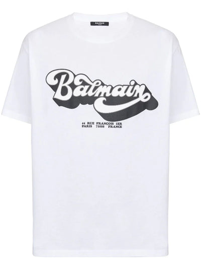 Balmain – Weißes T-Shirt mit Logo-Print im Stil der 70er 