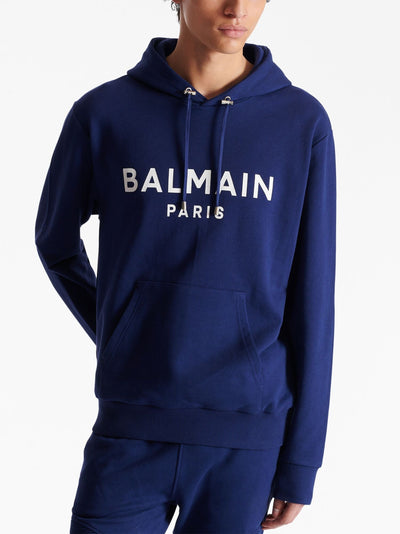 Balmain Paris – Kapuzenpullover mit Logo-Print in Marineblau