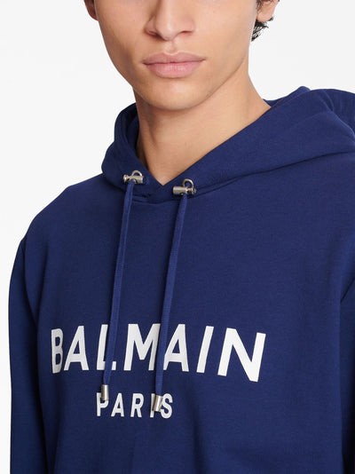 Balmain Paris – Kapuzenpullover mit Logo-Print in Marineblau