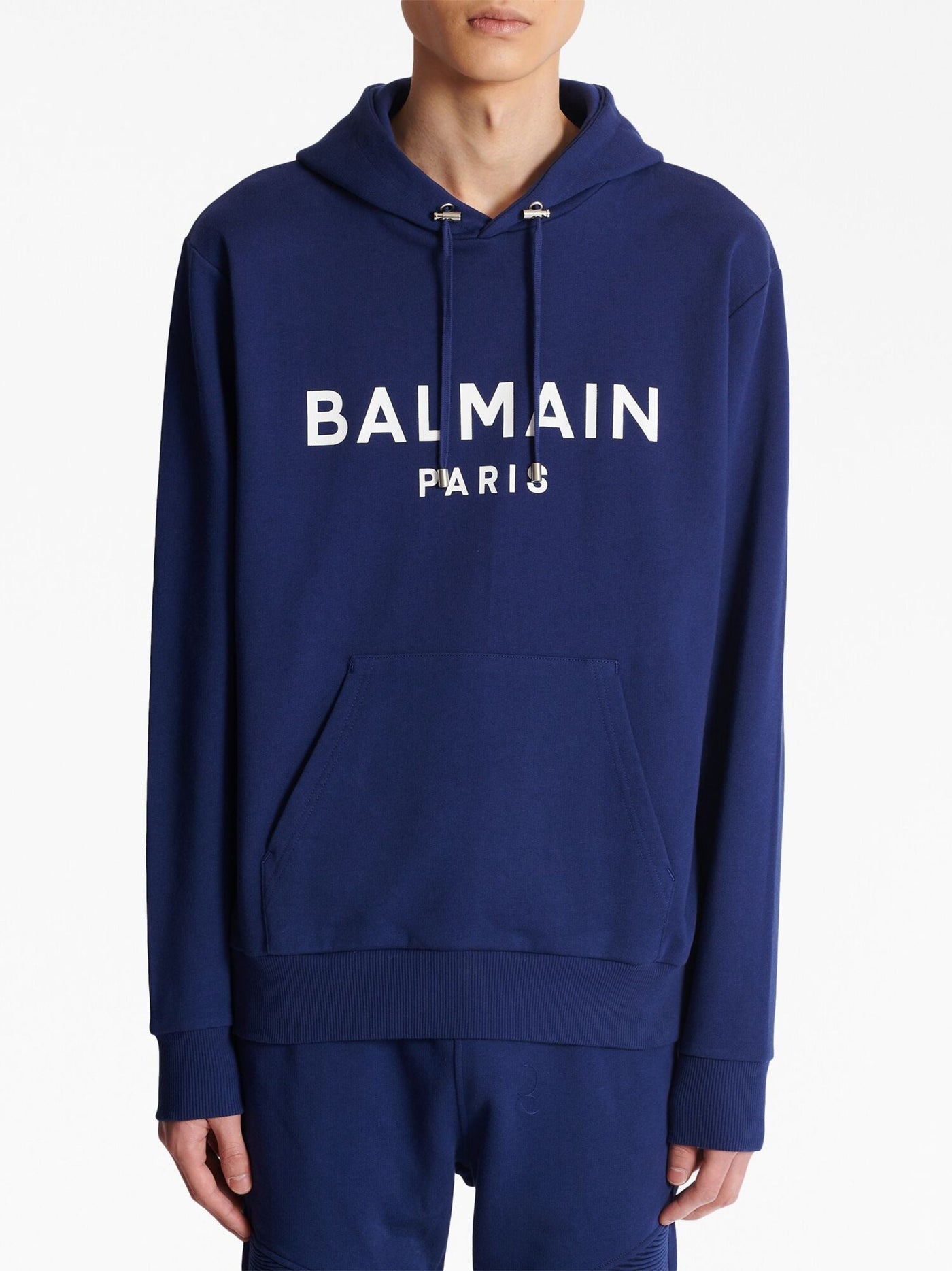 Balmain Paris – Kapuzenpullover mit Logo-Print in Marineblau
