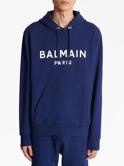 Balmain Paris – Kapuzenpullover mit Logo-Print in Marineblau