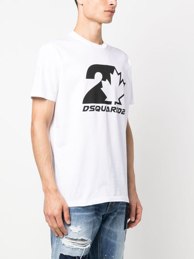 Dsquared2 – Weißes T-Shirt mit auffälligem Ahornblatt-Logodruck