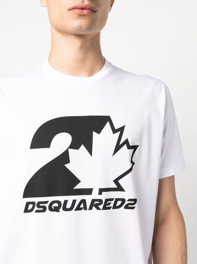 Dsquared2 – Weißes T-Shirt mit auffälligem Ahornblatt-Logodruck