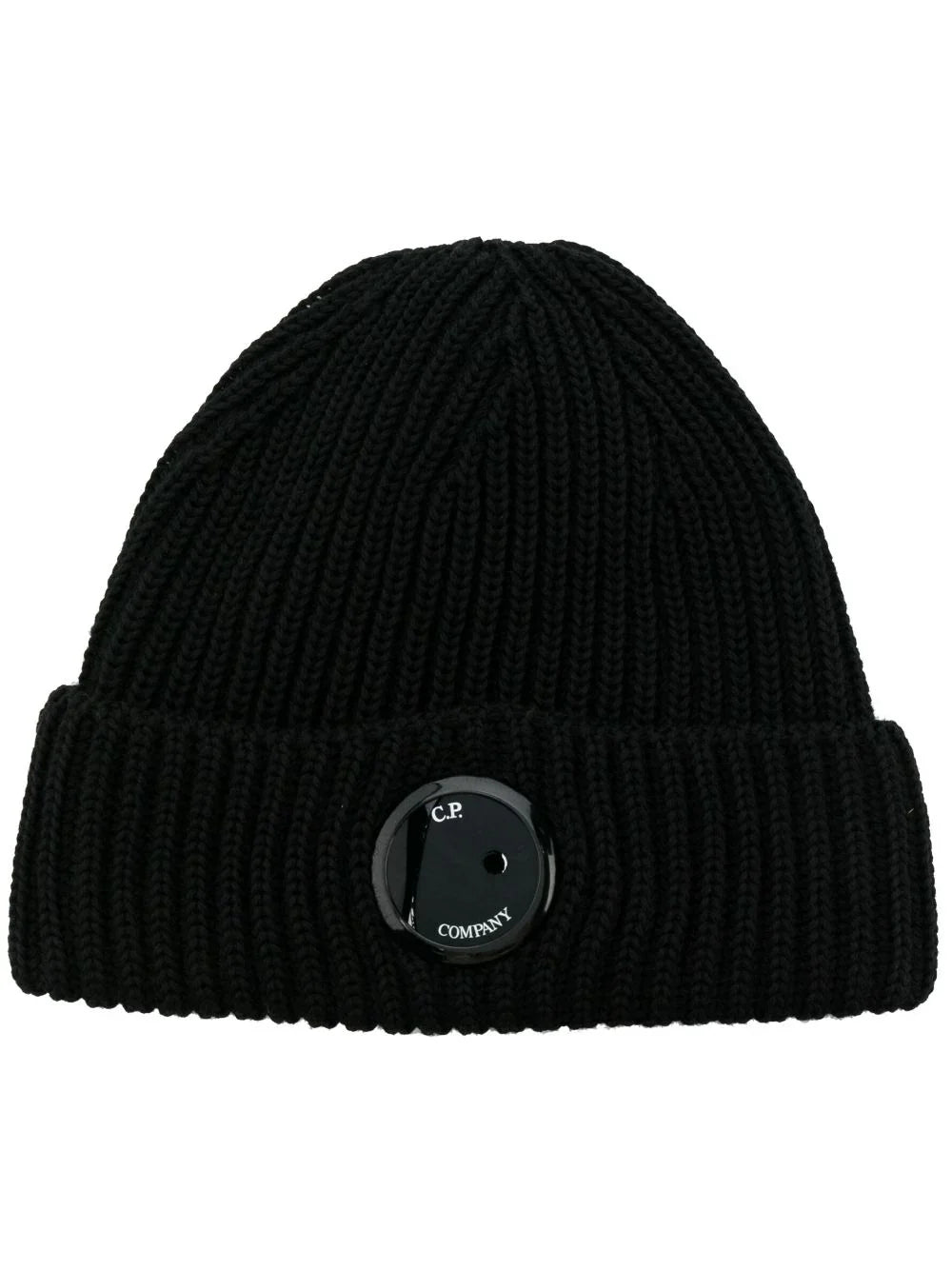 CP Company – Schwarze Wollmütze mit Logo-Patch aus Merinowolle 