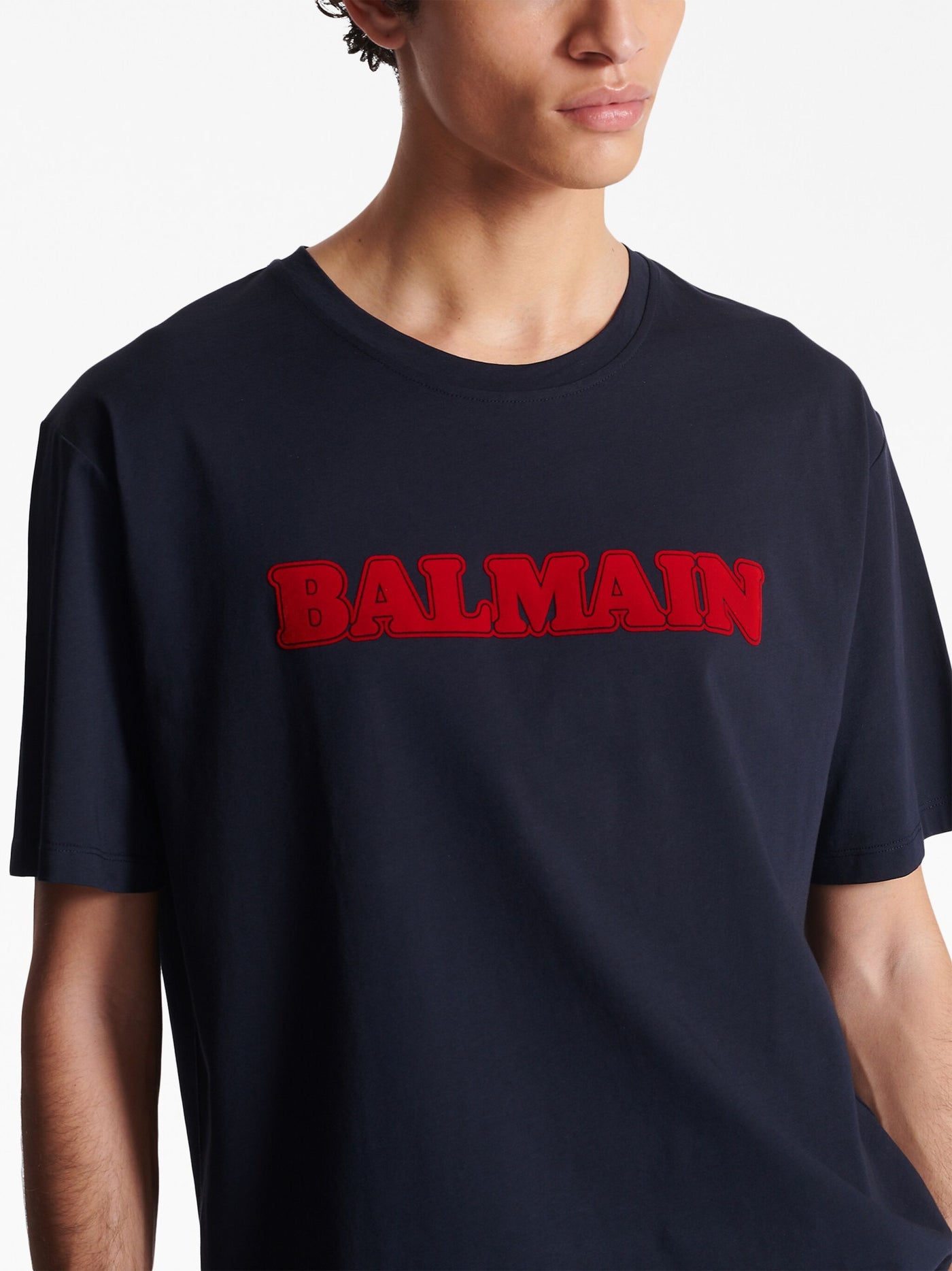 Balmain – T-Shirt mit Retro-Flocklogo in Marineblau