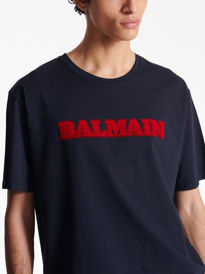 Balmain – T-Shirt mit Retro-Flocklogo in Marineblau