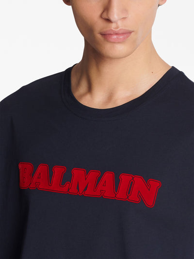 Balmain – T-Shirt mit Retro-Flocklogo in Marineblau