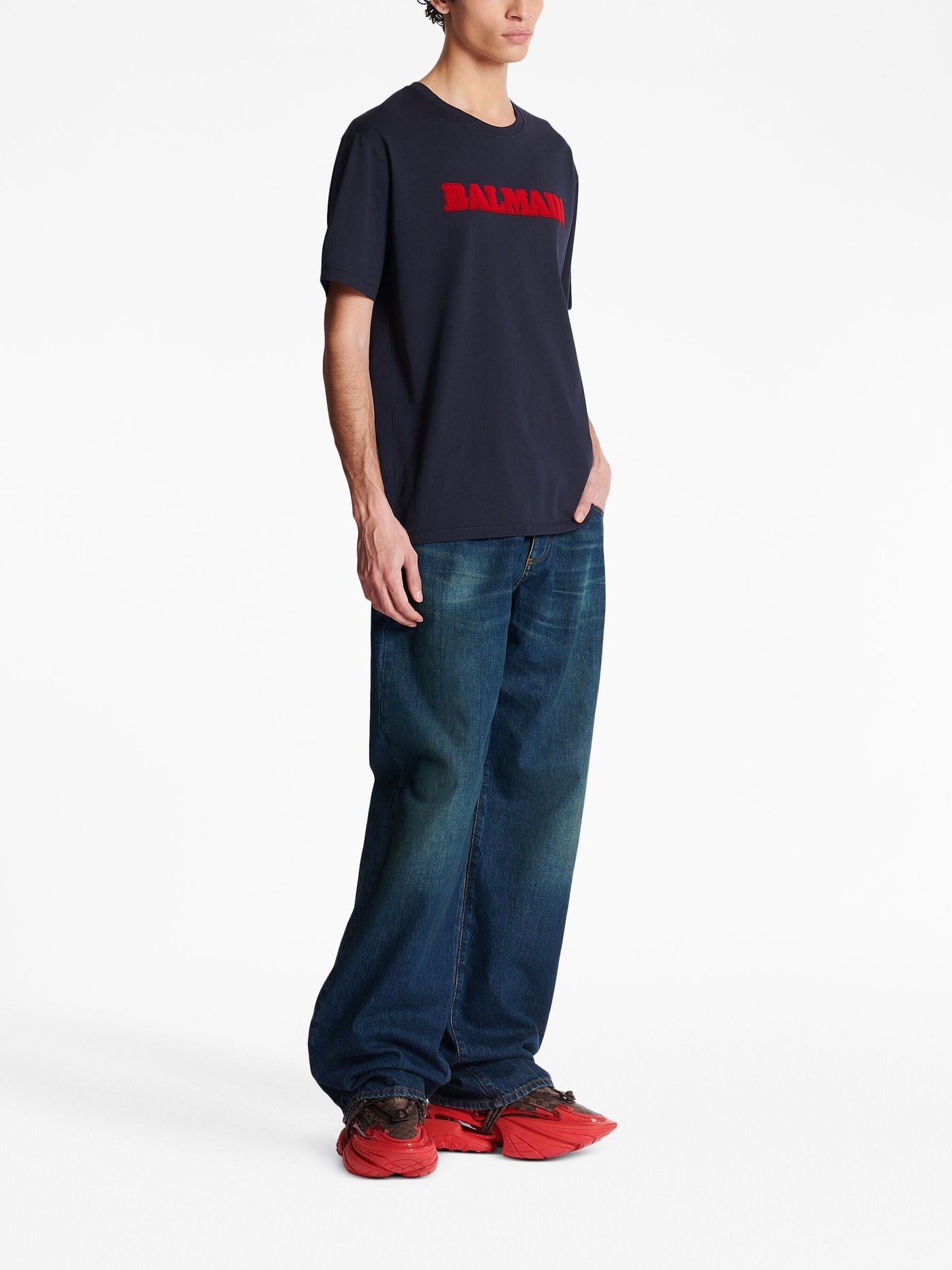 Balmain – T-Shirt mit Retro-Flocklogo in Marineblau
