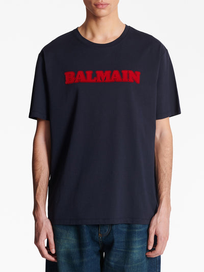 Balmain – T-Shirt mit Retro-Flocklogo in Marineblau