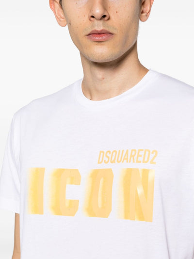 Dsquared2 – Weißes Baumwoll-T-Shirt mit Icon Blur Cool Yellow-Logo