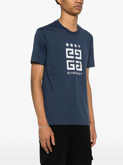 Givenchy – T-Shirt mit weißem 4G-Stars-Logo-Aufdruck in Blau