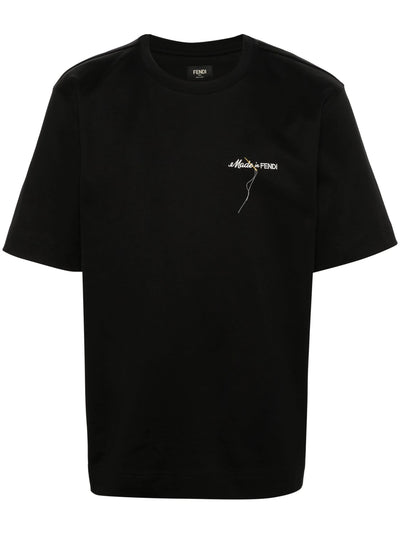 Fendi – Made in Fendi – Schwarzes T-Shirt mit Logostickerei