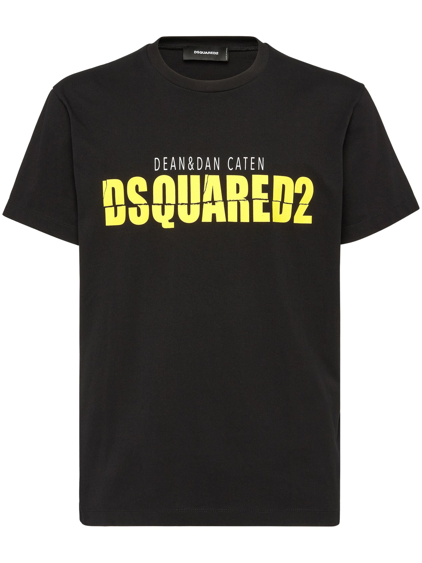 Dsquared2 – Gelbes T-Shirt mit geteiltem Logo in Schwarz