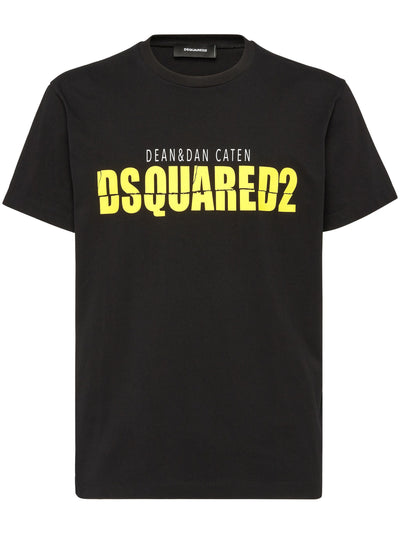 Dsquared2 – Gelbes T-Shirt mit geteiltem Logo in Schwarz