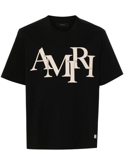 Amiri – Beiges T-Shirt mit gestaffeltem Logo-Print in Schwarz