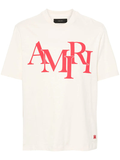 Amiri – T-Shirt mit gestaffeltem Logo-Print in Rot in Hellbeige