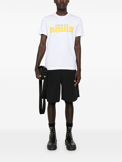 Dsquared2 – Gelbes T-Shirt mit geteiltem Logo-Print in Weiß 