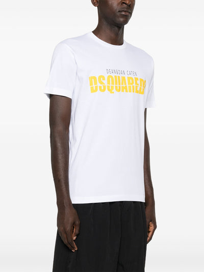 Dsquared2 – Gelbes T-Shirt mit geteiltem Logo-Print in Weiß 