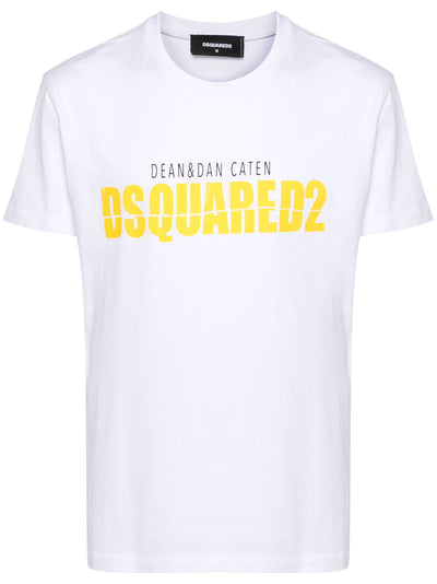 Dsquared2 – Gelbes T-Shirt mit geteiltem Logo-Print in Weiß 