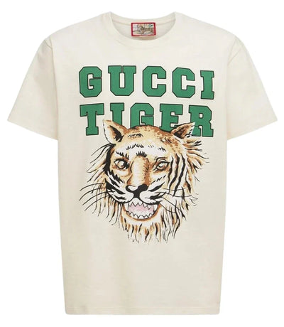 Gucci – Weißes T-Shirt mit Tiger-Print und Logo