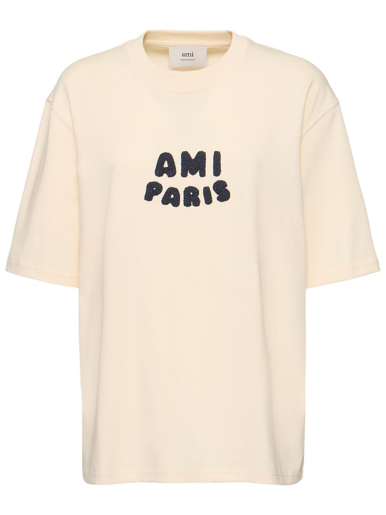 AMI PARIS T-Shirt mit gesticktem Logo in Weißcreme