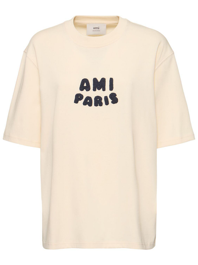 AMI PARIS T-Shirt mit gesticktem Logo in Weißcreme