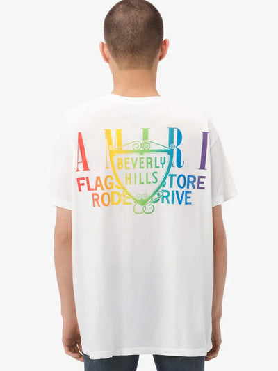 Amiri XO Beverly Hills – Weißes T-Shirt mit Regenbogen-Print