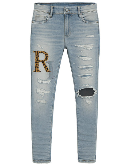 Amiri – Blaue Jeans aus Leder mit versetztem Logo