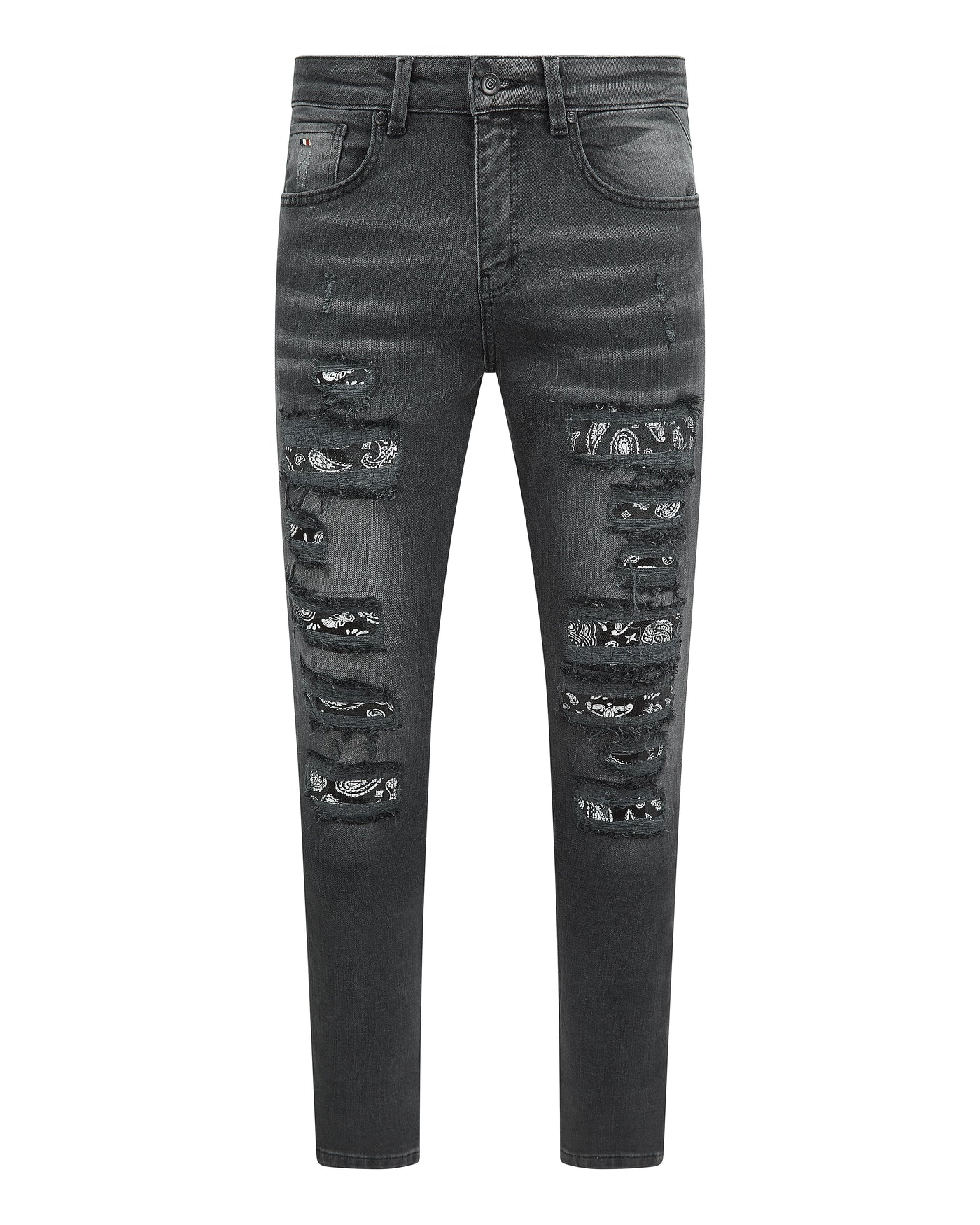 Magiri Bordeaux – Schwarze Jeans im Used-Look mit Bandana-Print