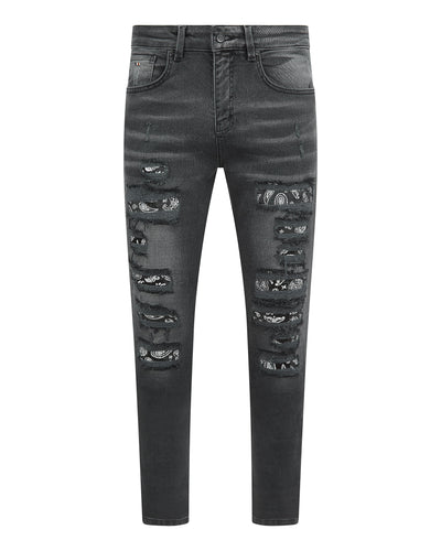 Magiri Bordeaux – Schwarze Jeans im Used-Look mit Bandana-Print