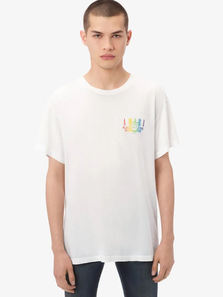 Amiri XO Beverly Hills – Weißes T-Shirt mit Regenbogen-Print