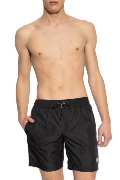 Dolce &amp; Gabbana – Schwarze Badeshorts mit Kordelzug und silberner Plakette