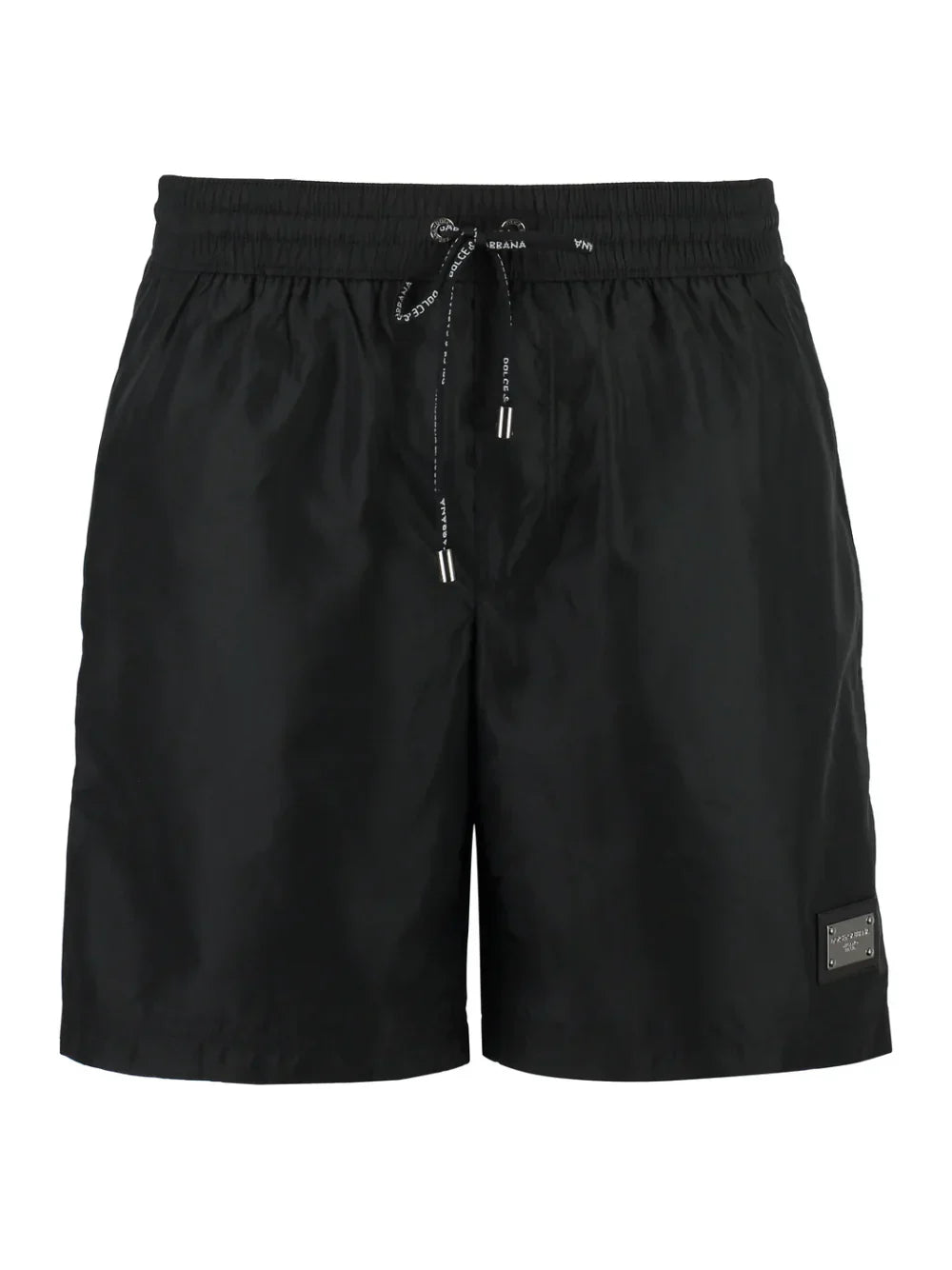 Dolce &amp; Gabbana – Schwarze Badeshorts mit Kordelzug und silberner Plakette