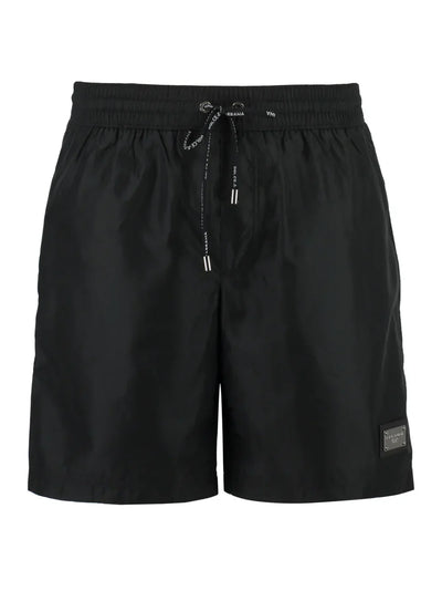 Dolce &amp; Gabbana – Schwarze Badeshorts mit Kordelzug und silberner Plakette