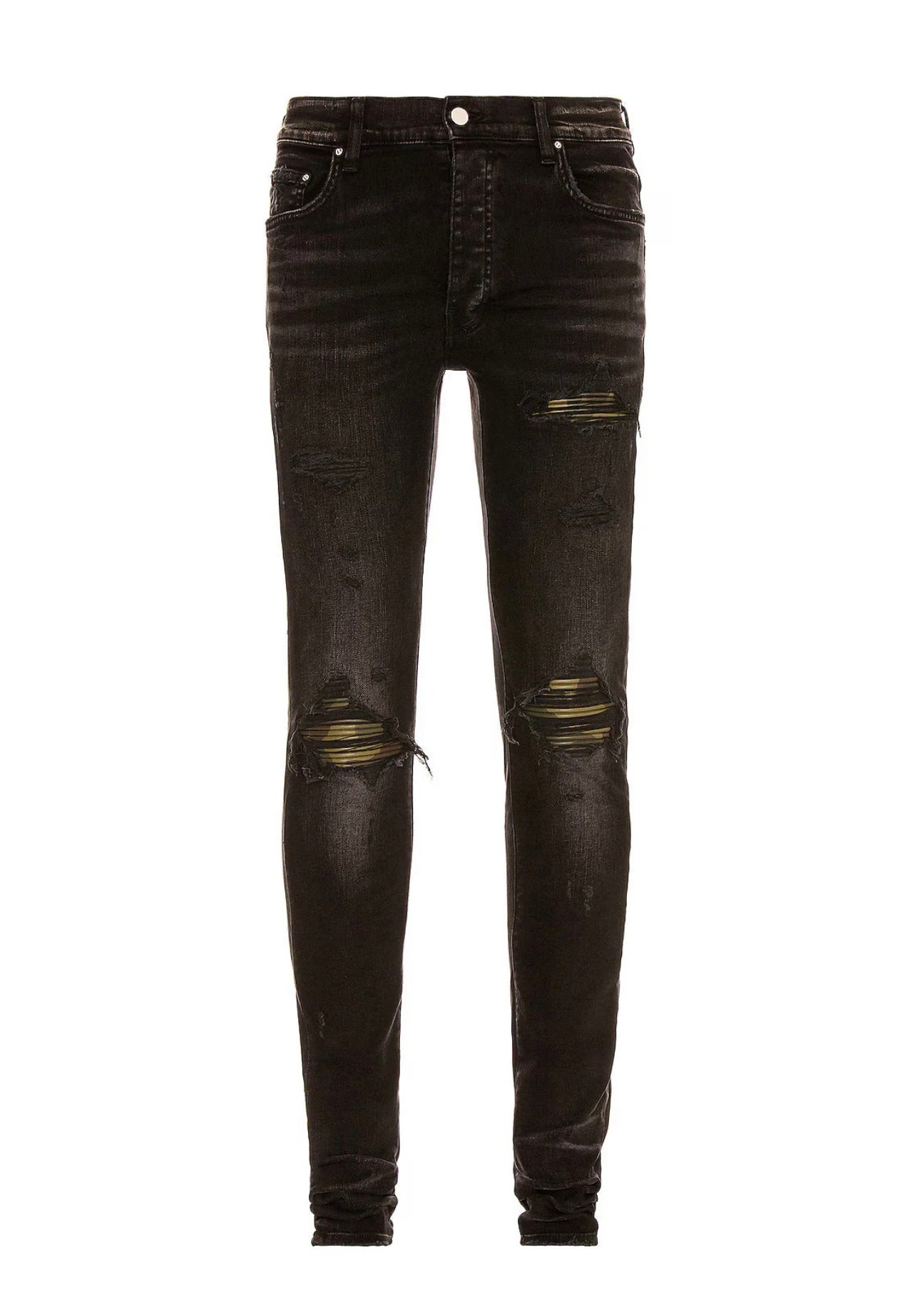 Amiri – Schwarze Lederjeans „MX1 Aged“ im Camouflage-Look