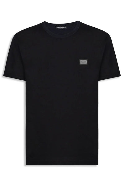 Dolce &amp; Gabbana – T-Shirt mit silberner Plakette in Marineblau