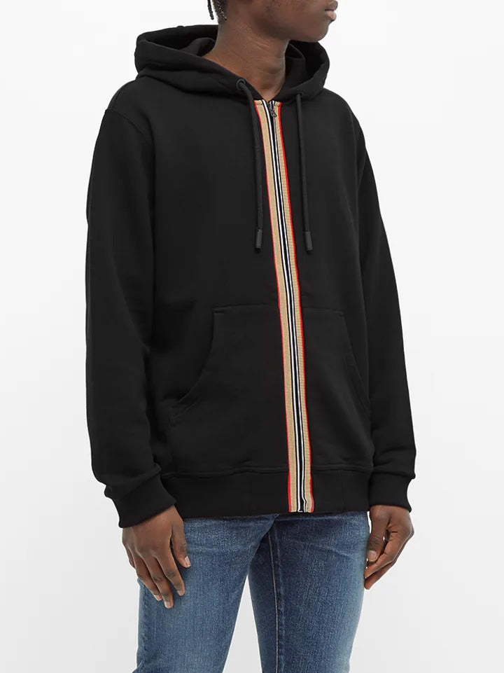 Burberry – Schwarzer Kapuzenpullover mit Reißverschluss und Streifendetail